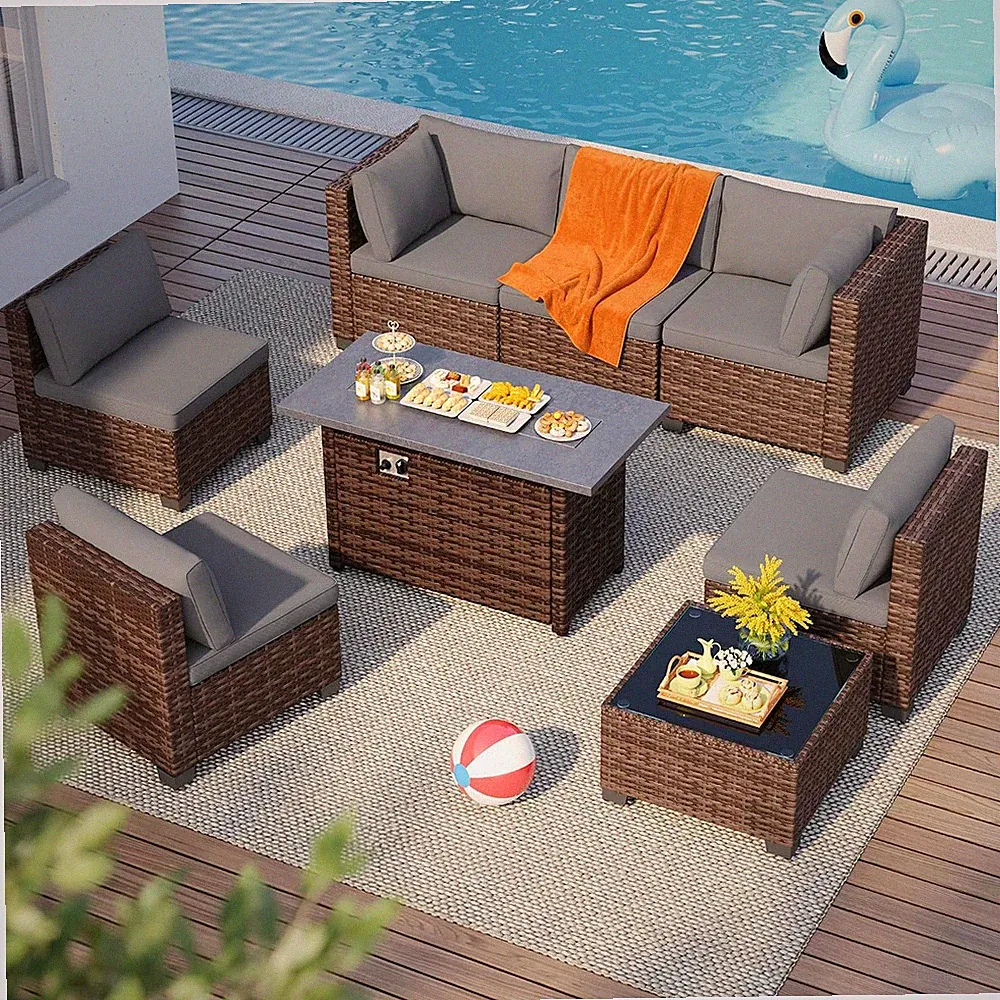 8 Pieces Outdoor Patio Furniture Set with 44.9" Fire Pit Table, All-Weather Wick