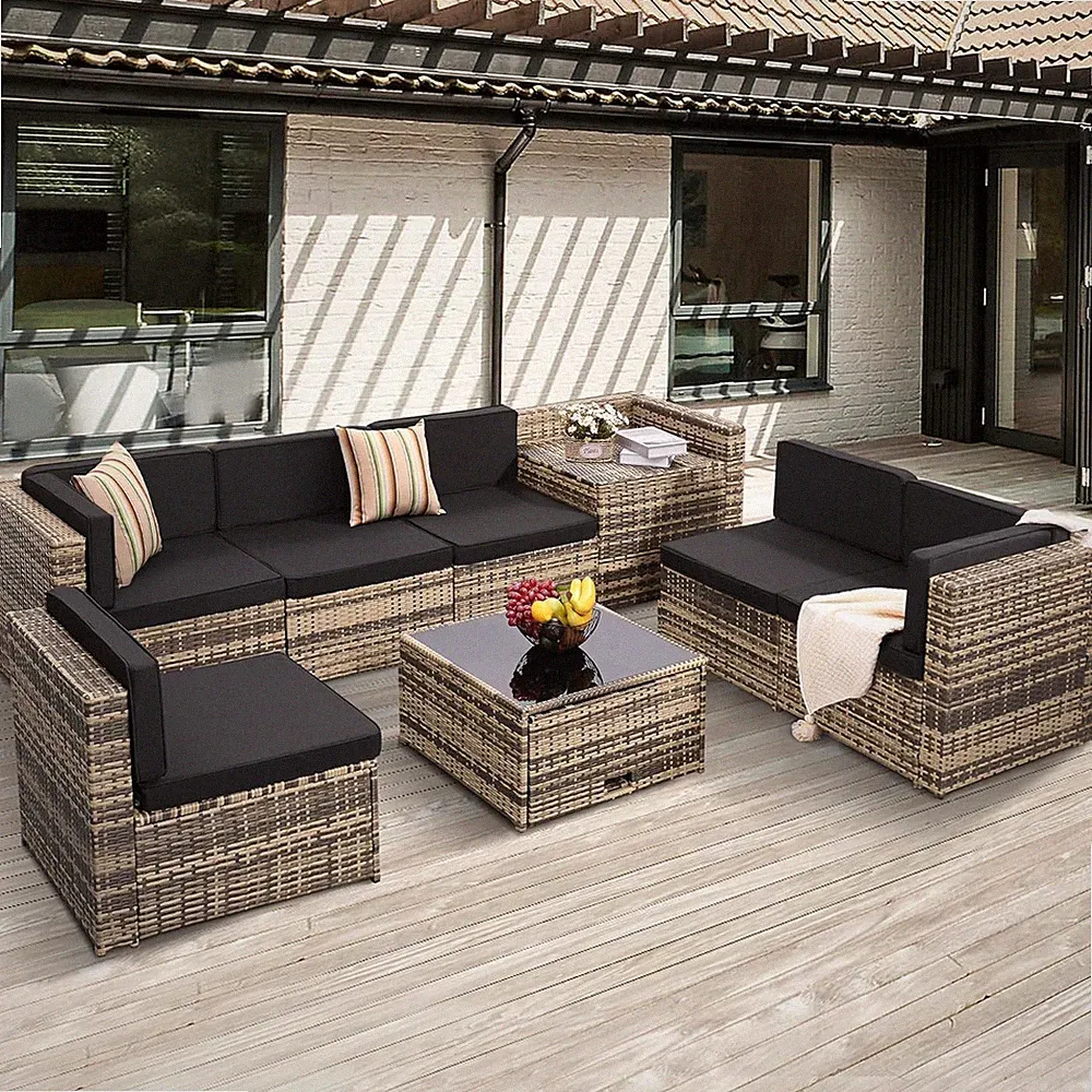 8 Pieces Outdoor Wicker Rattan Patio Furniture Sectional Set, Glass Top Table wi