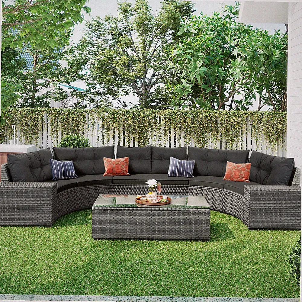 8-pieces Outdoor Wicker Round Sofa Set, Half-Moon Sectional Sets All Weather, Cu