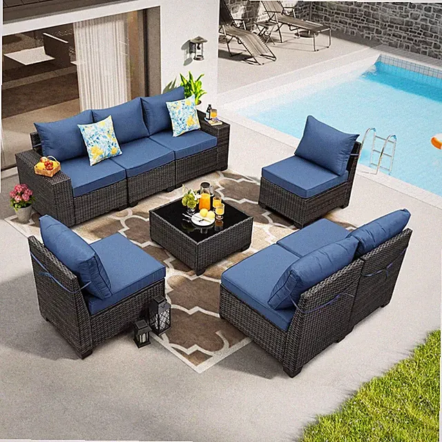 8 Pieces Patio Furniture Set, Wicker PE Rattan Outdoor Sectional with Cushion &