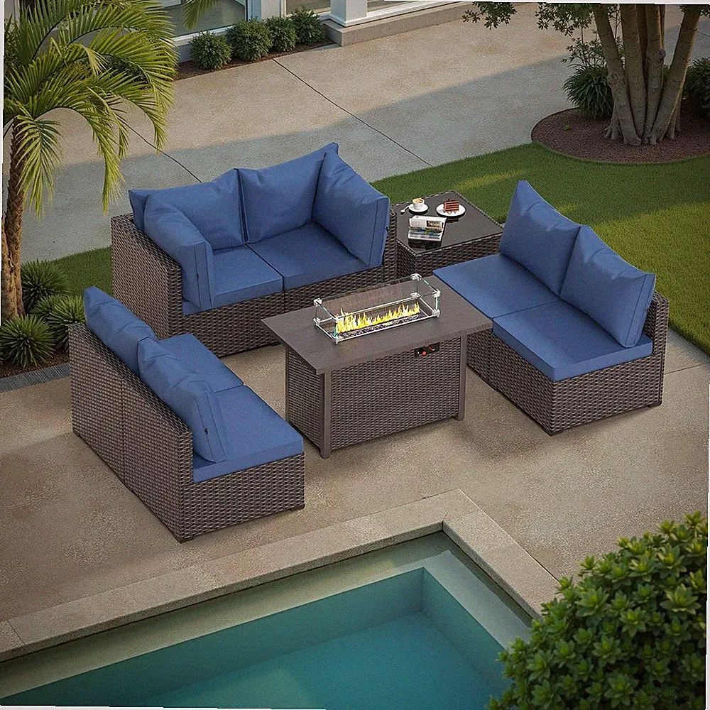 8 Pieces Patio Furniture Sets Outdoor Sectional with Fire Pit Table Sofa Coversa