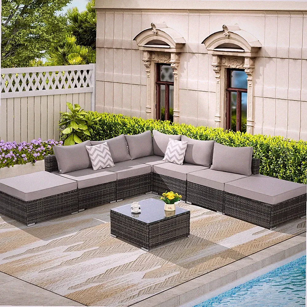 8 Pieces Outdoor Patio Sectional Sofa with Washable Cushions &Glass Coffee Table