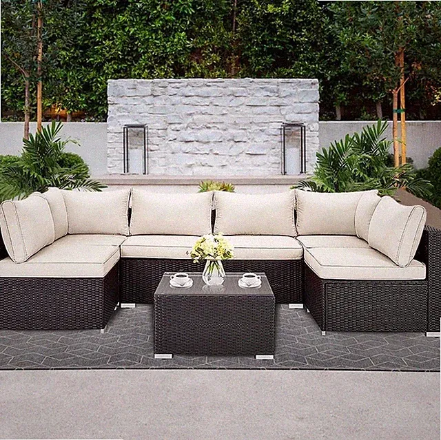 8-Pieces Patio Sectional Sofa Outdoor Wicker Furniture Set with Cushions & Table