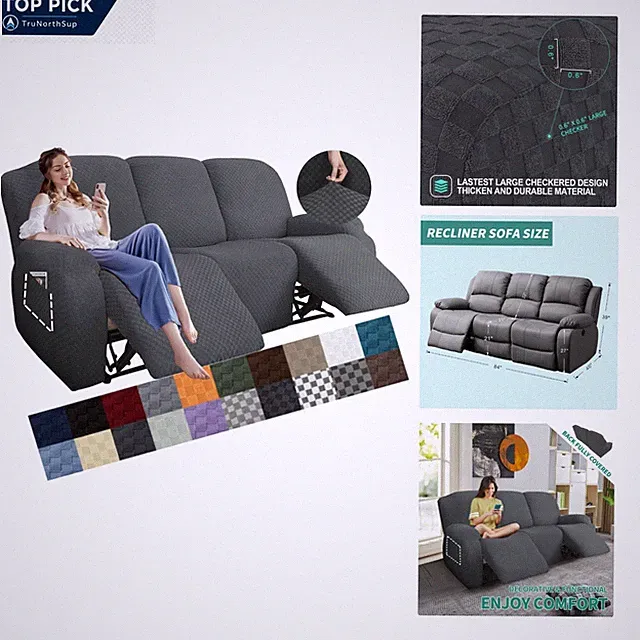 8 Pieces Recliner Sofa Cover Dark Gray Jacquard 3-Seater Couch Cover with Sid...