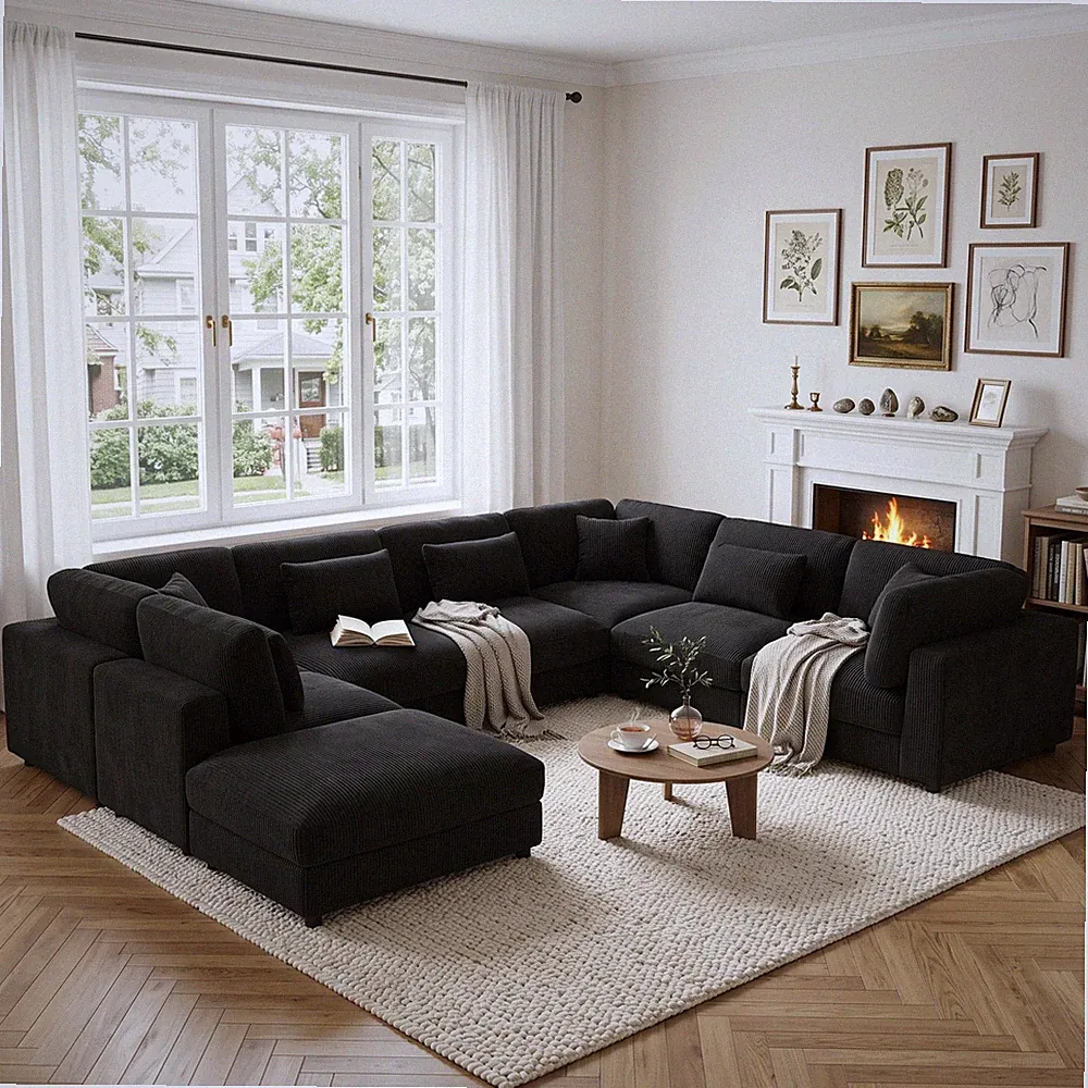 8-Seat Black Corduroy Modular Sectional Sofa, 112"W x 176"L