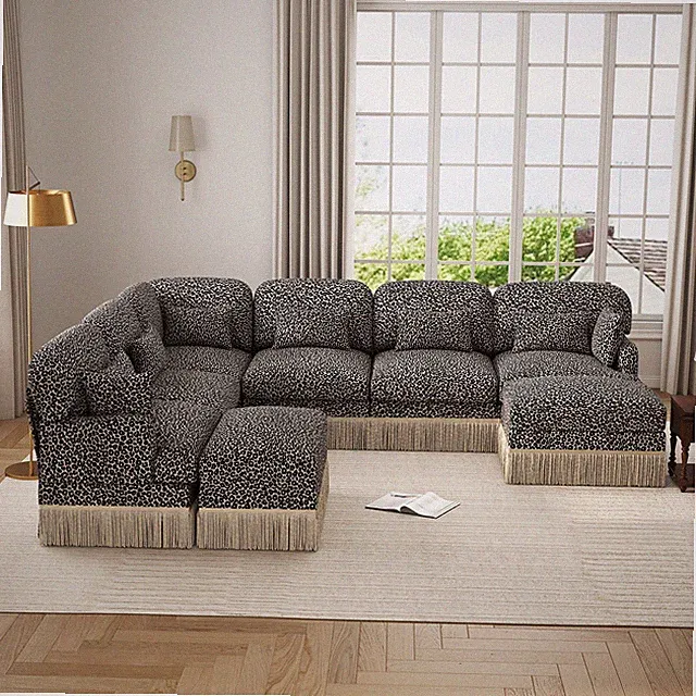 8-Seater Chenille Sectional Sofa Leopard Print Tassel Trim Pillows