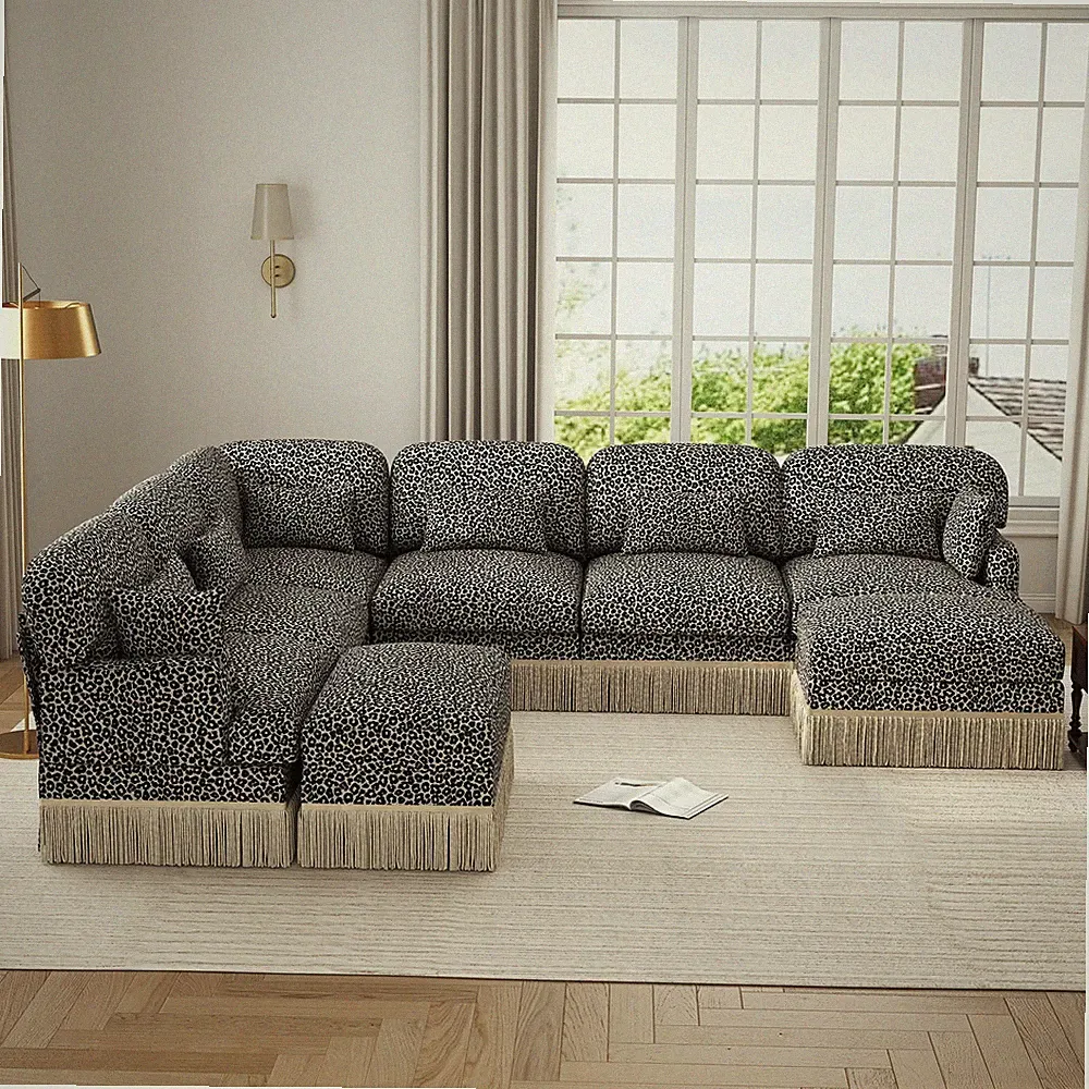 8 Seater Modular Sectional Sofa Leopard Print Chenille Cushions