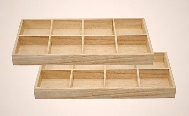 8 Section Wooden Trays, 14" × 7" Rectangular Organizers w/ 8 Compartments | 2 Pk