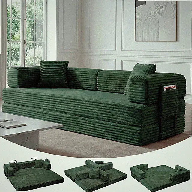80.7'' Queen Sofa Bed 5-in-1 Modular Convertible Sleeper Couch Futon with Pillow