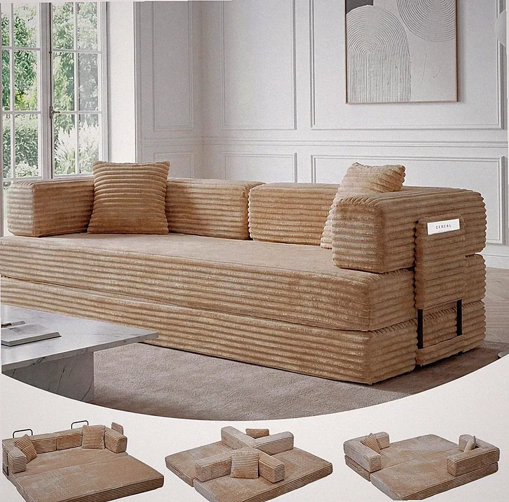 80.7'' Queen Sofa Bed 5-in-1 Modular Convertible Sleeper Couch Futon with Pillow