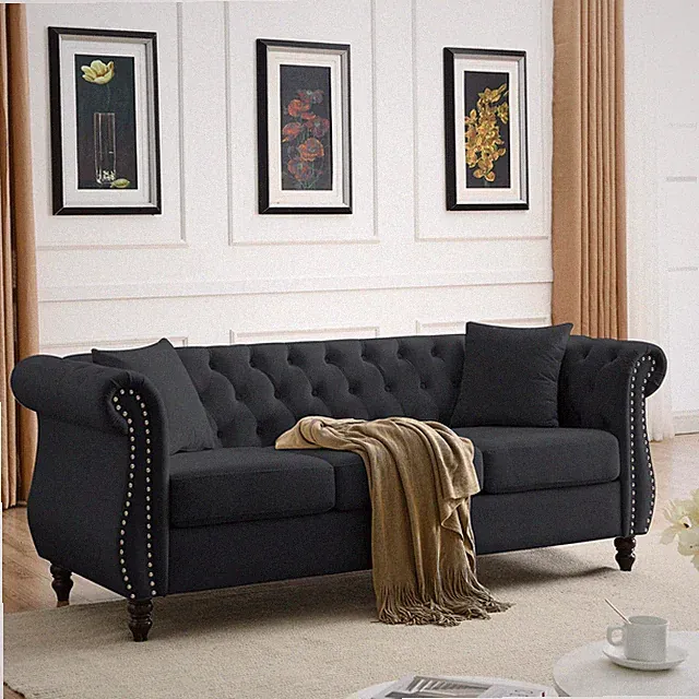 80" Chesterfield Sofa Black Velvet 3 Seater Tufted Couch with Pillows