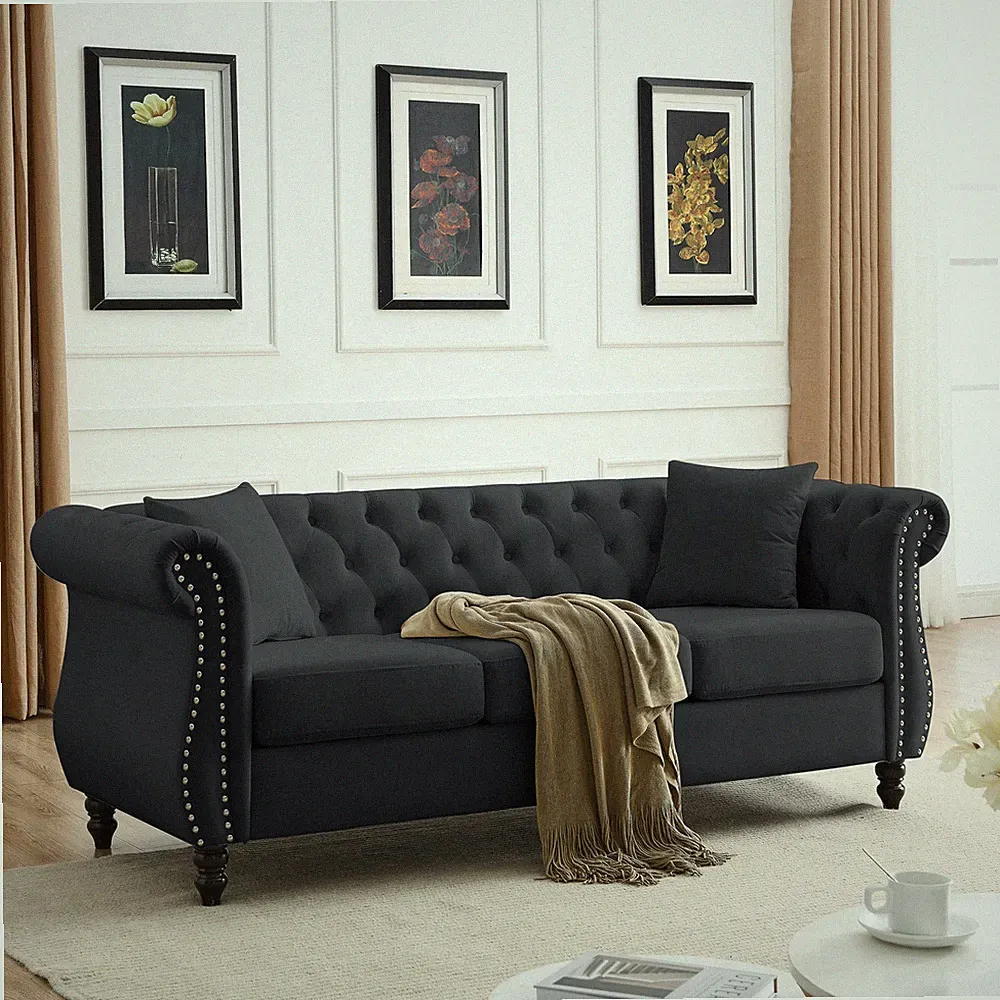 80" Chesterfield Sofa Black Velvet for Living Room,3 Seater Sofa Tufted Couch w/