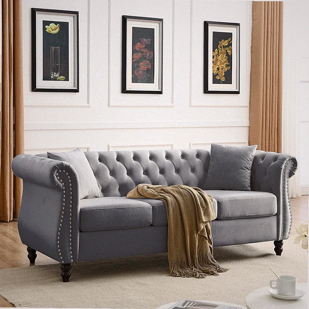 80" Chesterfield Sofa Grey Velvet for Living Room,3 Seater Sofa Tufted Couch w/R