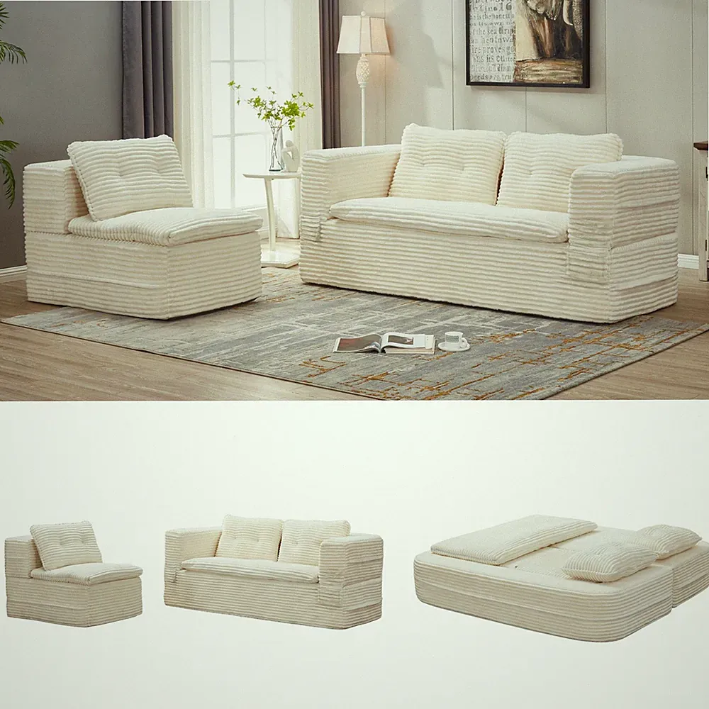 80" Convertible Futon Sofa Bed King Size Corduroy Couch Bed with Chaise Blanket