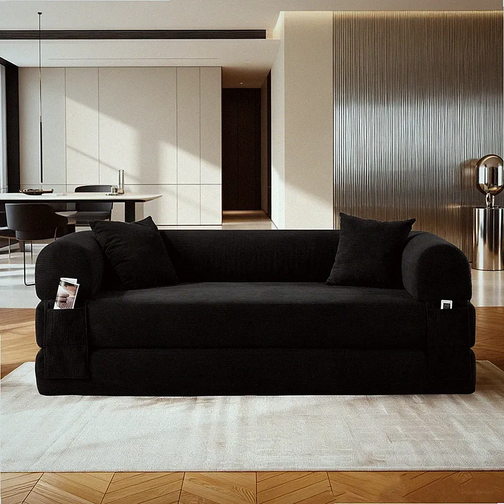 80"Convertible Sofa Bed,Corduroy Folding Floor Couch Pull Out Couch with Pillows
