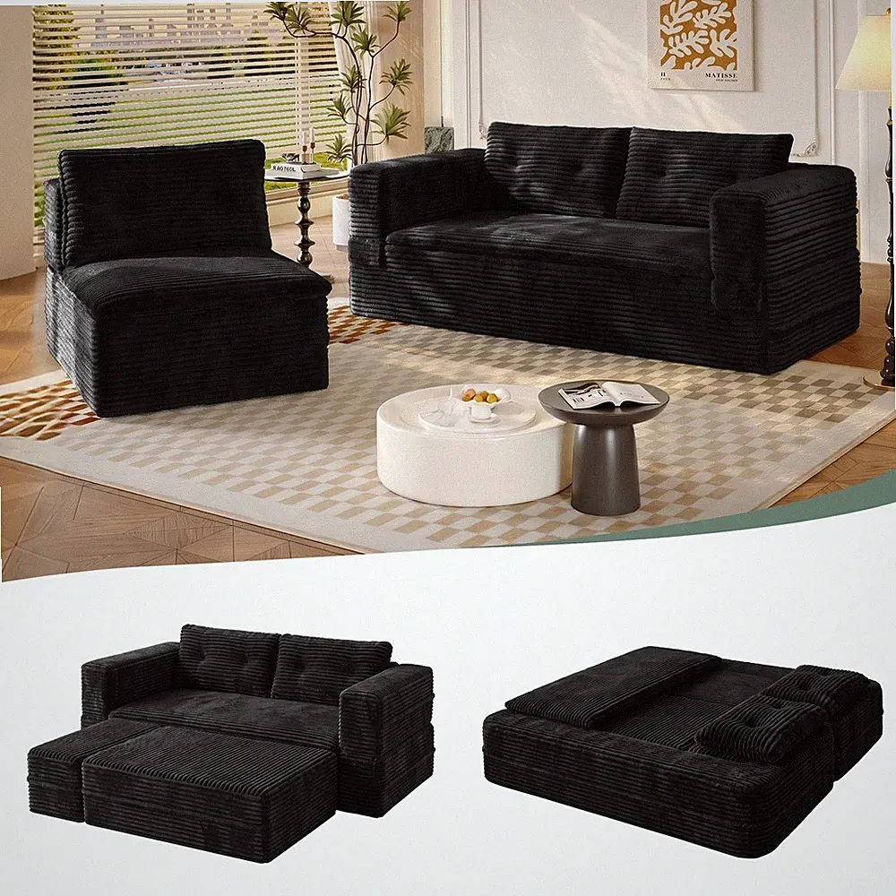 80" King Size Convertible Futon Sofa Bed Sectional Couch with Chaise Blanket Set