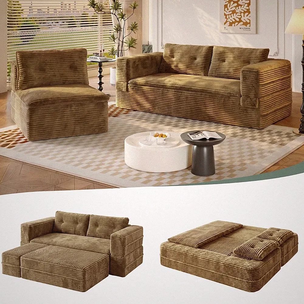 80" King Size Plush Corduroy Convertible Sectional Sofa Bed with Chaise & Blanke