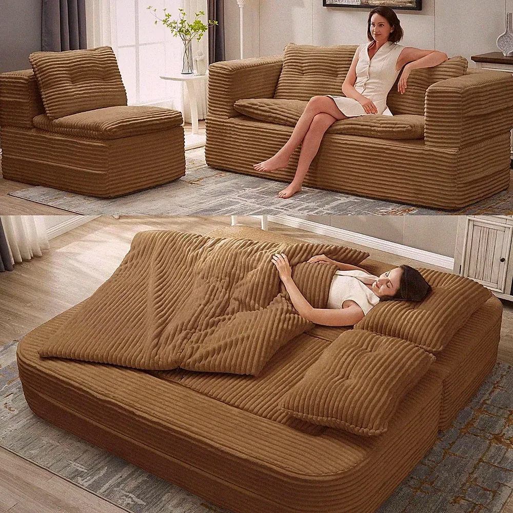 80" King Size Plush Corduroy Convertible Sectional Sofa Bed with Chaise & Blanke