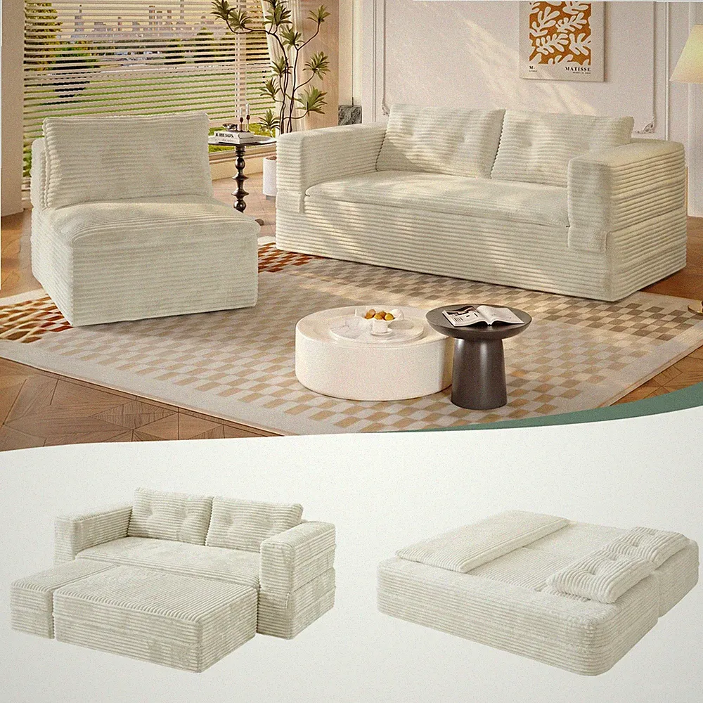 80" King Size Sleeper Sofa Bed, Plush Corduroy Convertible Chaise Lounge, Beige