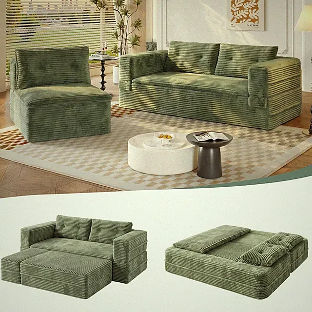 80" King Size Sleeper Sofa Bed Plush Corduroy Green Convertible