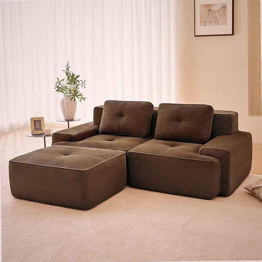 80" L-Shaped Corduroy Modular Loveseat Sofa with Ottoman & Cushions, Brown