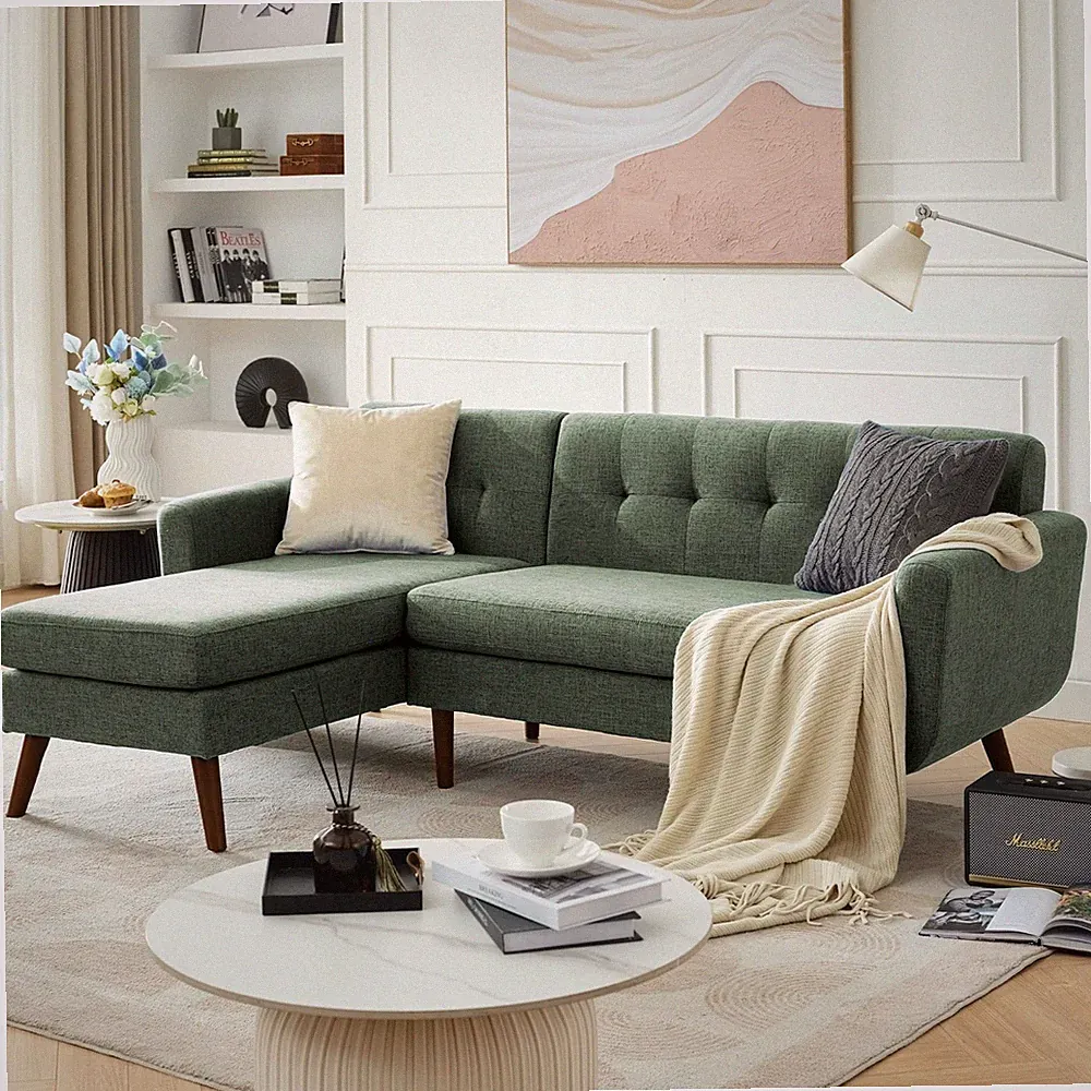 80" L-Shaped Mid-Century Sectional Sofa Chaise Button Tufted Upholstered Green