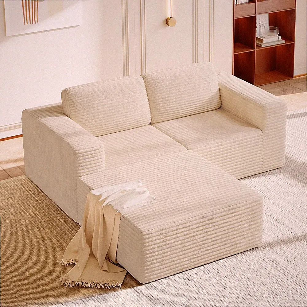80" L-Shaped Modular Sectional Sofa Corduroy Deep Seats Spring No Assembly Beige