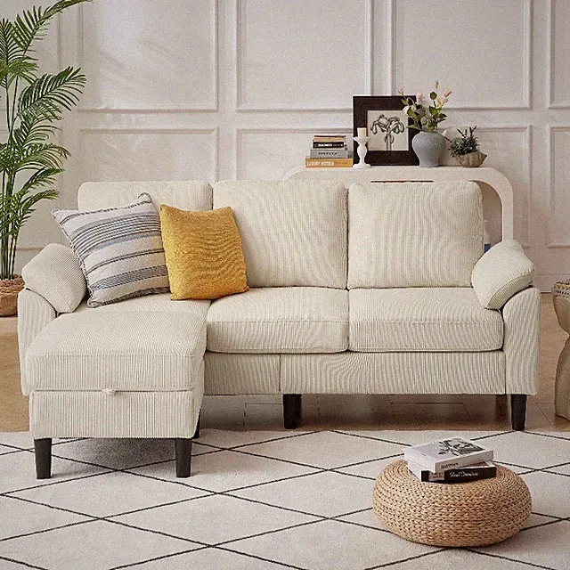 80''L Shaped Sectional Sofa Couch 3 Seater Corduroy Sofa with Storage Ottoman