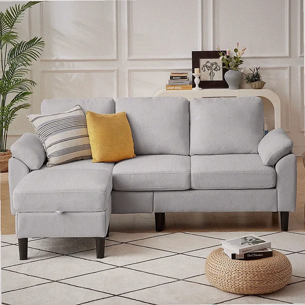 80''L Shaped Sectional Sofa Couch 3 Seater Corduroy Sofa with Storage Ottoman