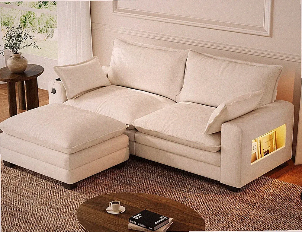 80" L-Shaped Sectional Sofa with Ottoman, Chenille Cloud Couch, Beige | with USB