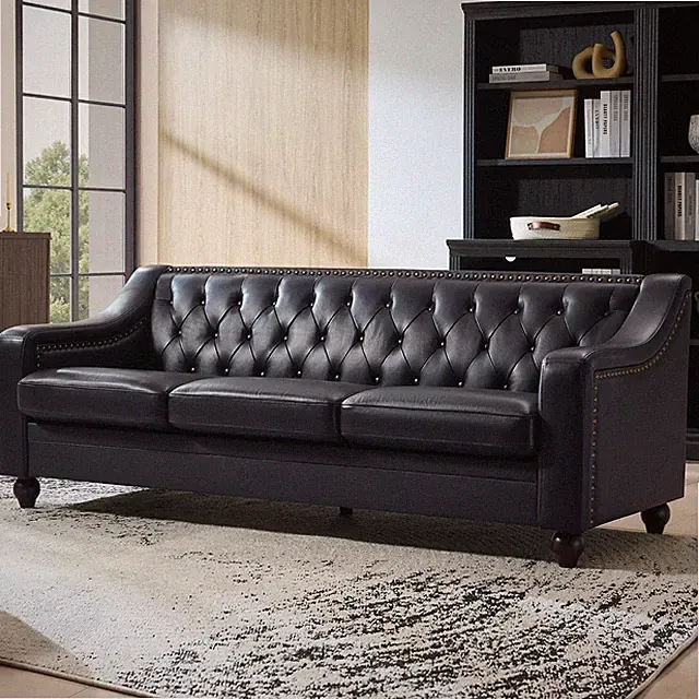 80" Modern Genuine Leather Tufted Chesterfield 3 Seater Sofa Black Curved Arms