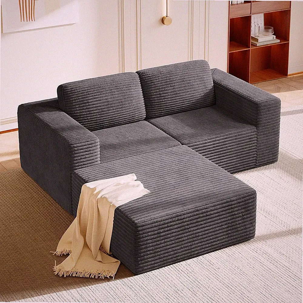 80 Modular Corduroy Cloud Couch Sectional Sofa Deep Seats L-Shaped Grey