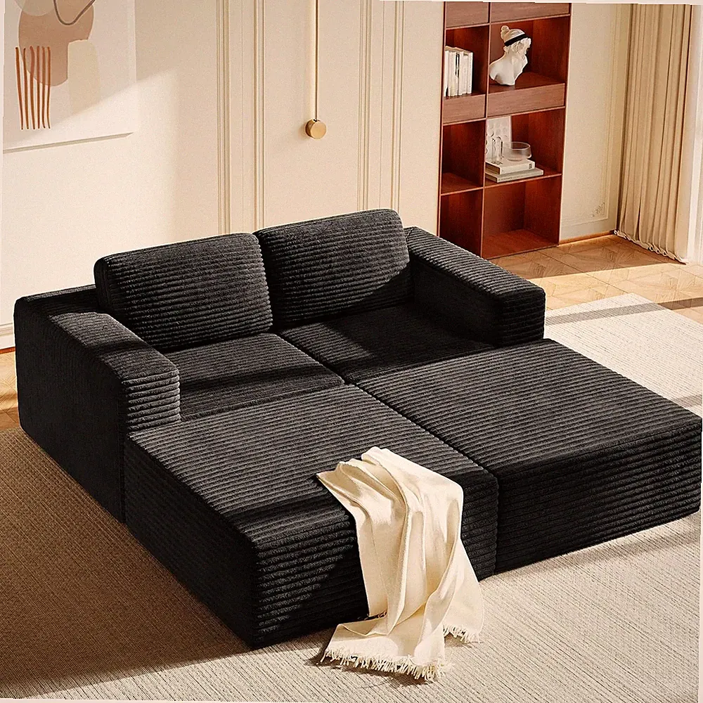 80" Modular Corduroy Sofa with Movable Ottoman, No Assembly, Black