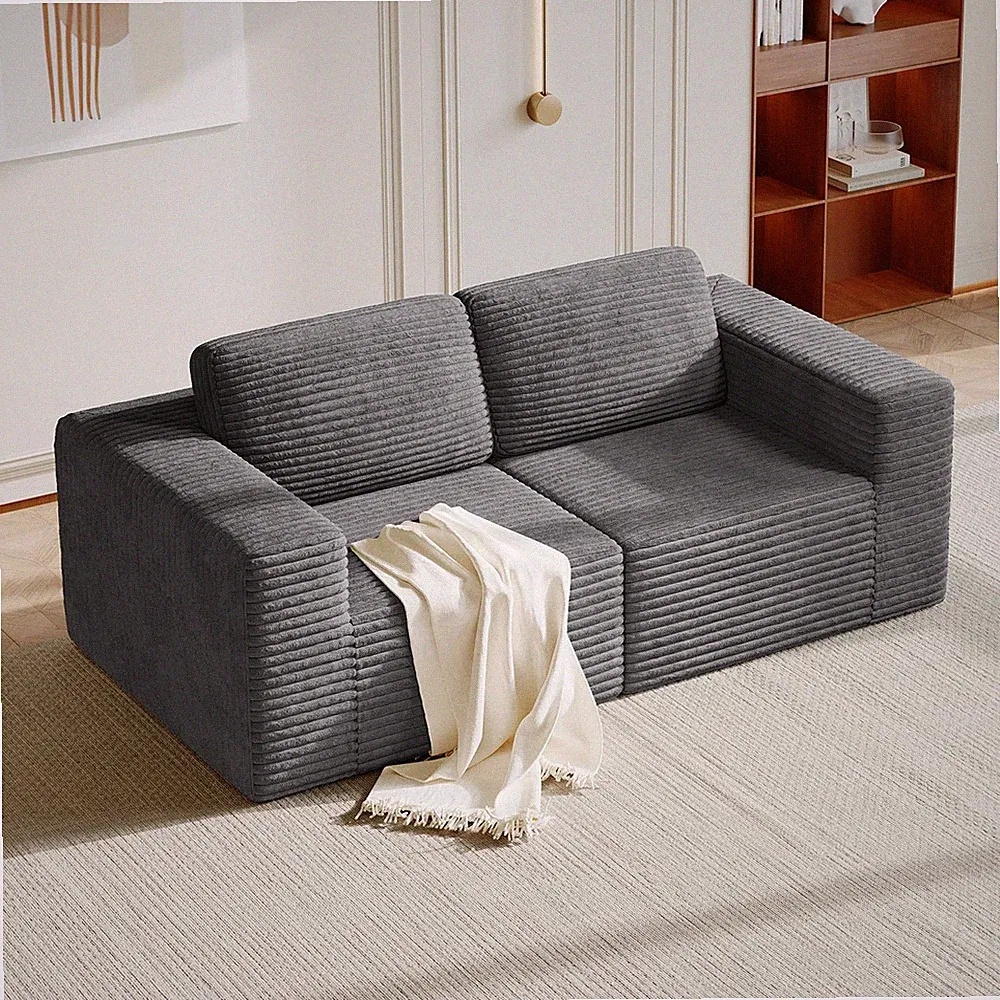 80 Modular Sectional Corduroy Cloud Sofa Deep Seat Spring Support 2 Seater Grey