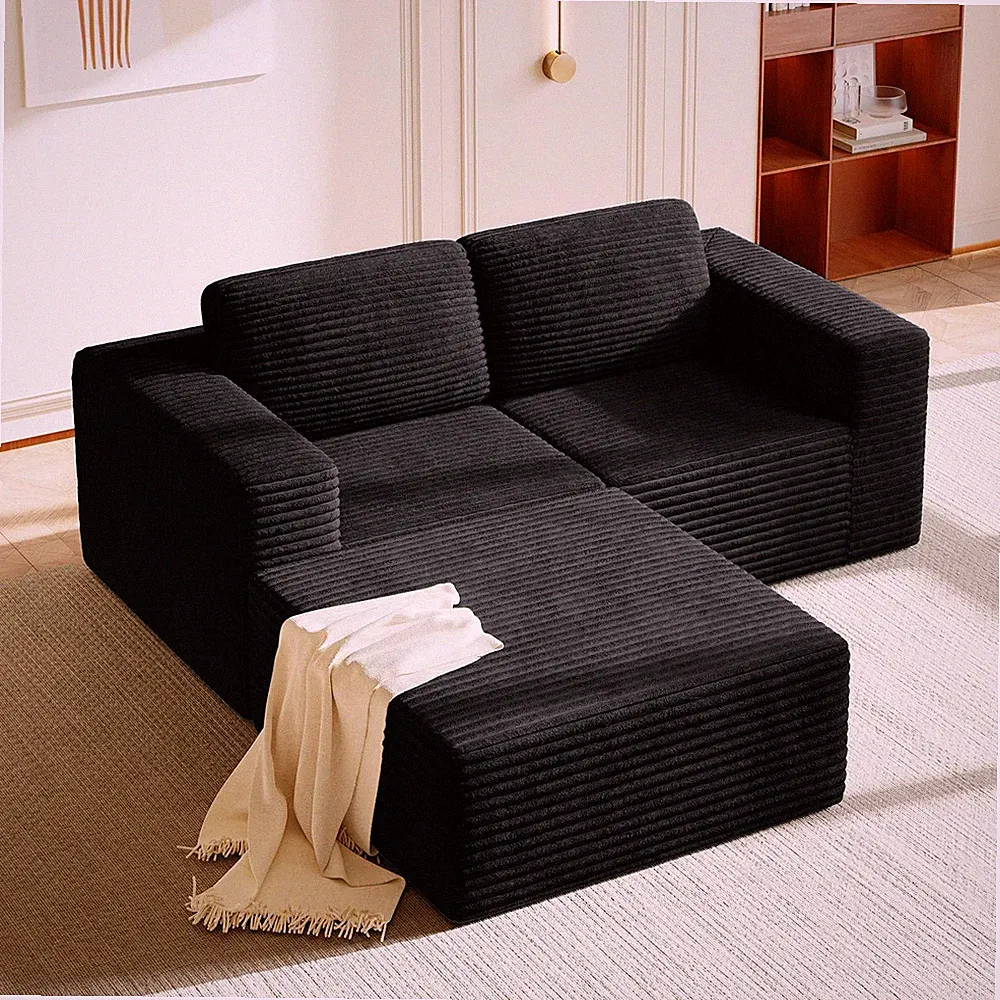 80" Modular Sectional Sofa Corduroy Cloud Couch Deep Seats 2 Seater Black