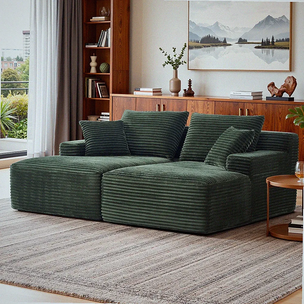 80" Oversized Double Chaise Lounges Boneless Couch Deep Seat Green