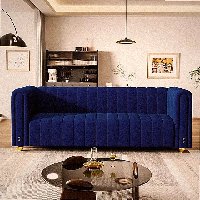 81.3'' Blue Velvet Modern Mid Century Deep Seat Sofa, Oversized 3-Seater Lovesea