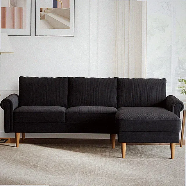 81.5" L Shape Sectional Sofa Chaise Corduroy Deep for Seat Right Chaise Black