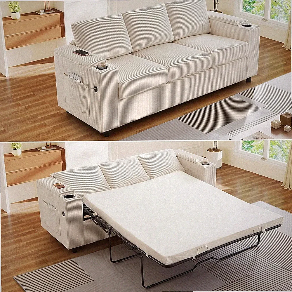 81.5" Queen Size Convertible Pull Out Sofa Bed Corduroy USB Ports & Cup Holders