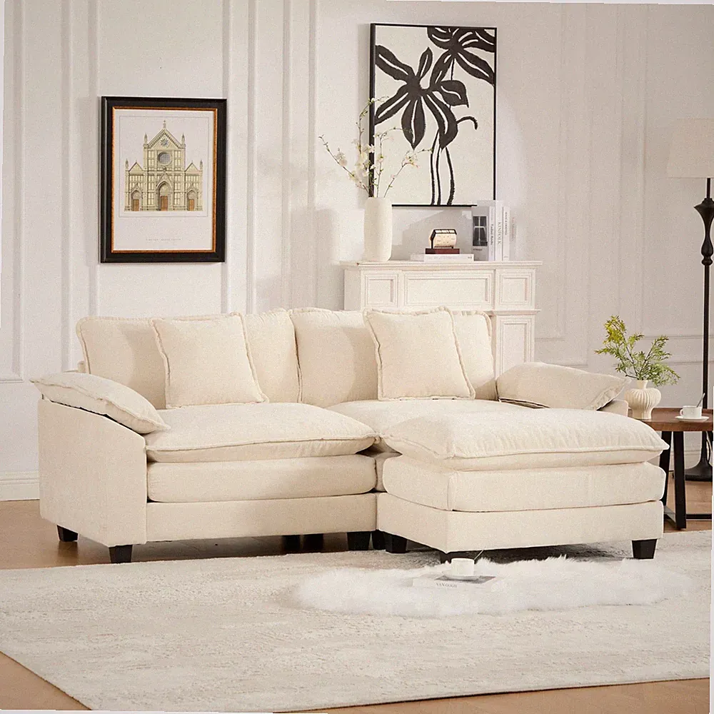 81.9" Chenille Fabric Loveseat Sectional Sofa Cloud Sofa 2 Seater +Ottoman Beige