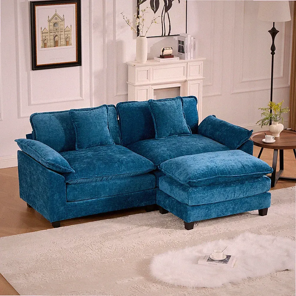 81.9" Chenille Loveseat Sofa Cloud Sofa 2 Seater Wider Armrest Blue W/ Ottoman