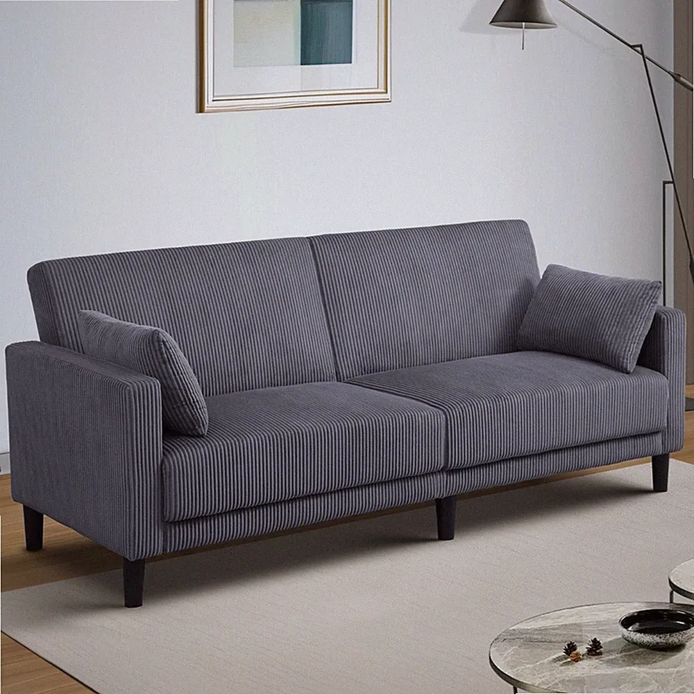81" Classic Corduroy Futon Sofa Bed Gray Pull-Out Convertible Couch Living Room