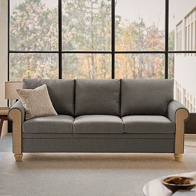81" Farmhouse Couch with Solid Wood Spindle Legs, 3 Seater Sofa with Rolled Wide