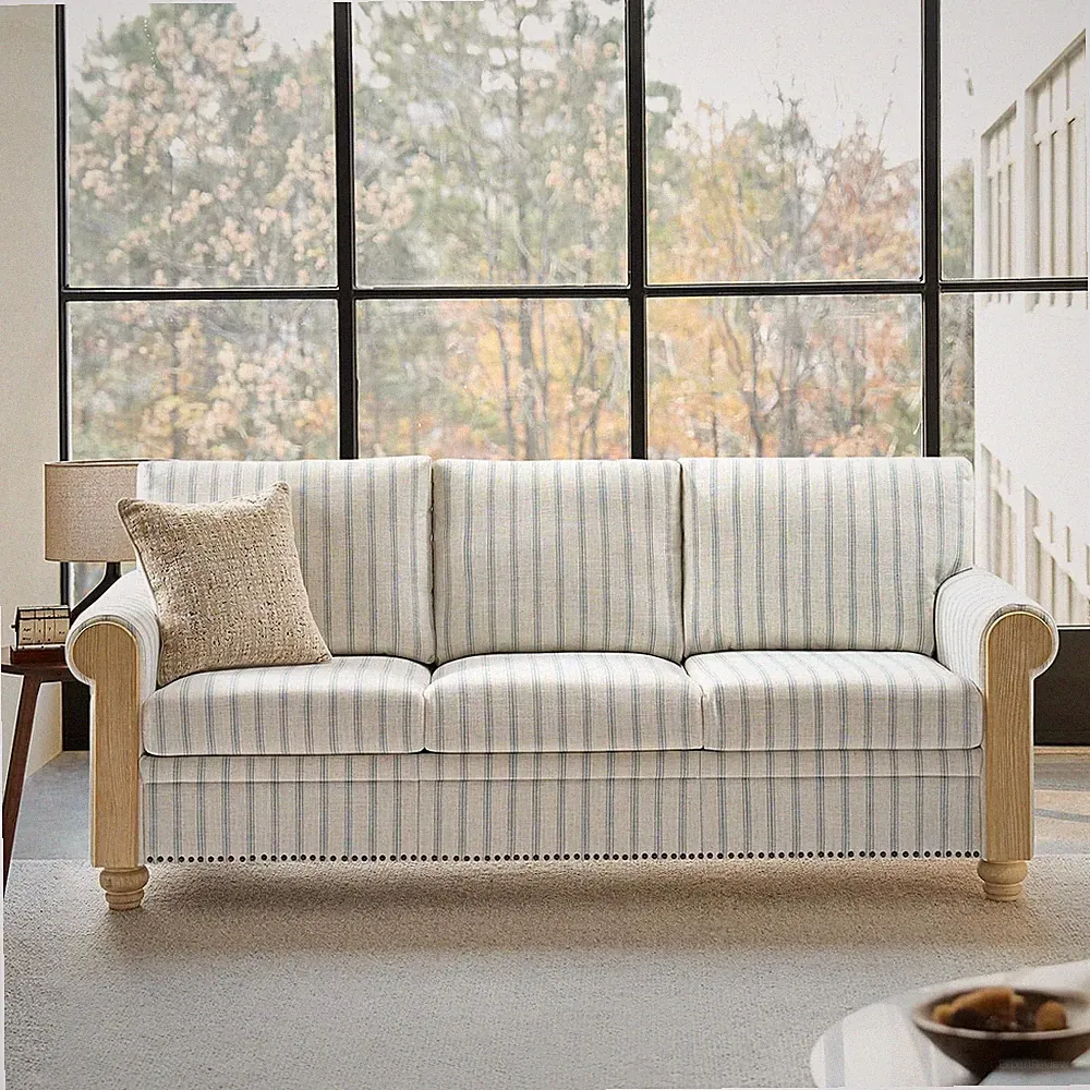 81" Farmhouse Couch with Stripe Pattern, 3 Seater Sofa with Solid Wood Legs and