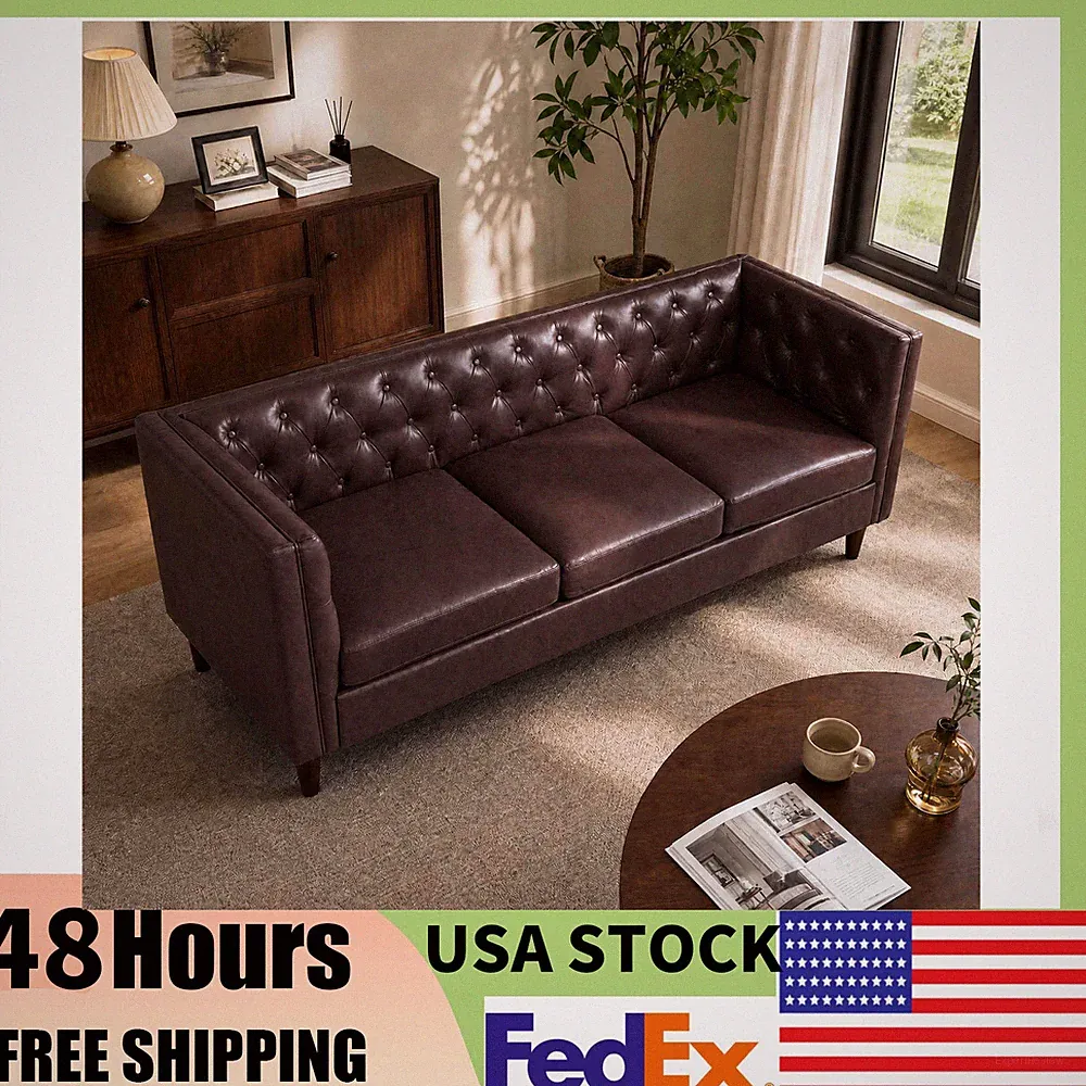 81" Modern Leather Chesterfield 3 Seat Couch - Handmade Button Tufted Sofa,Home