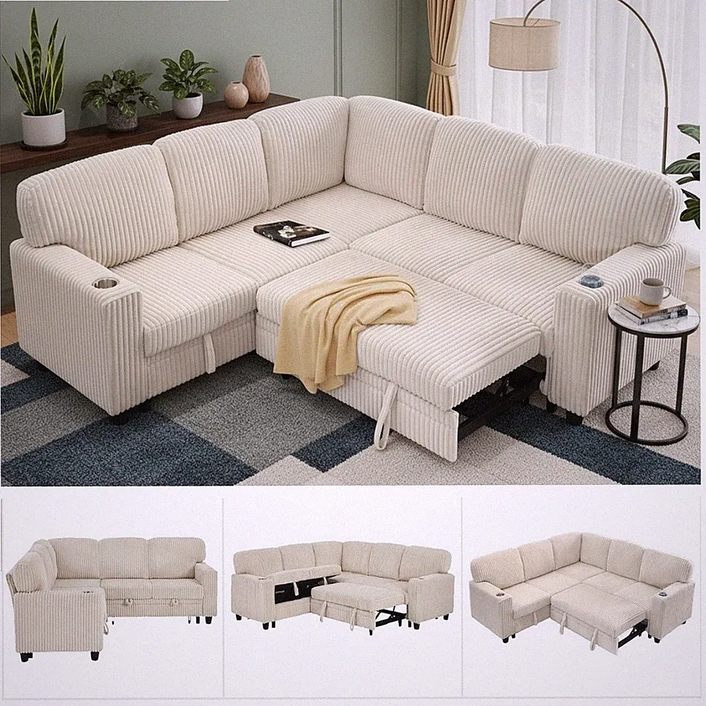 81" Modern Sectional Corduroy Sleeper Sofa Beige Pull-Out Cup Holder USB Ports