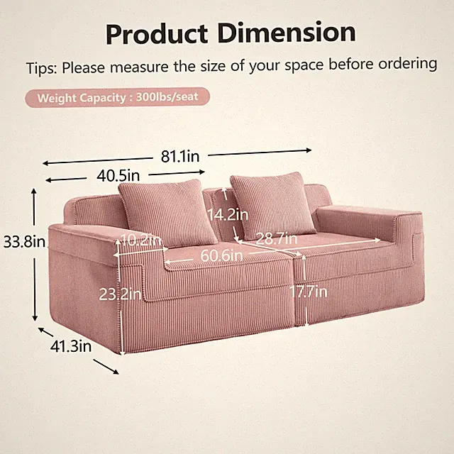 81" Modular Sectional Couch Boneless Sofa 2 Seat Loveseat with Deep Seat
