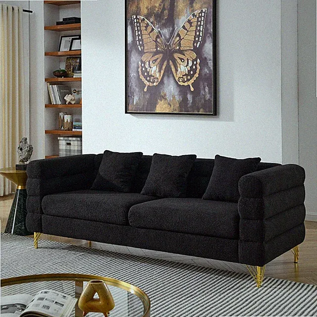 81" Oversized 3 Seater Sectional Sofa, Black Teddy Fabric, 3 Pillows