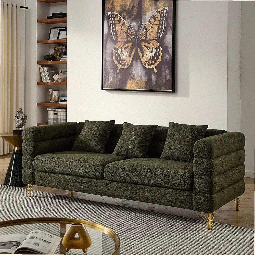 81" Oversized 3 Seater Sectional Sofa, Green Teddy Fabric, 3 Pillows