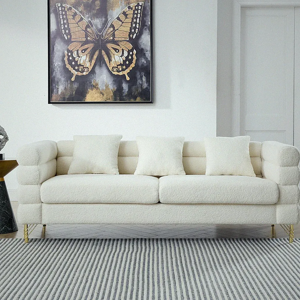 81" Oversized 3 Seater Sectional Sofa, Ivory Fabric, 3 Pillows